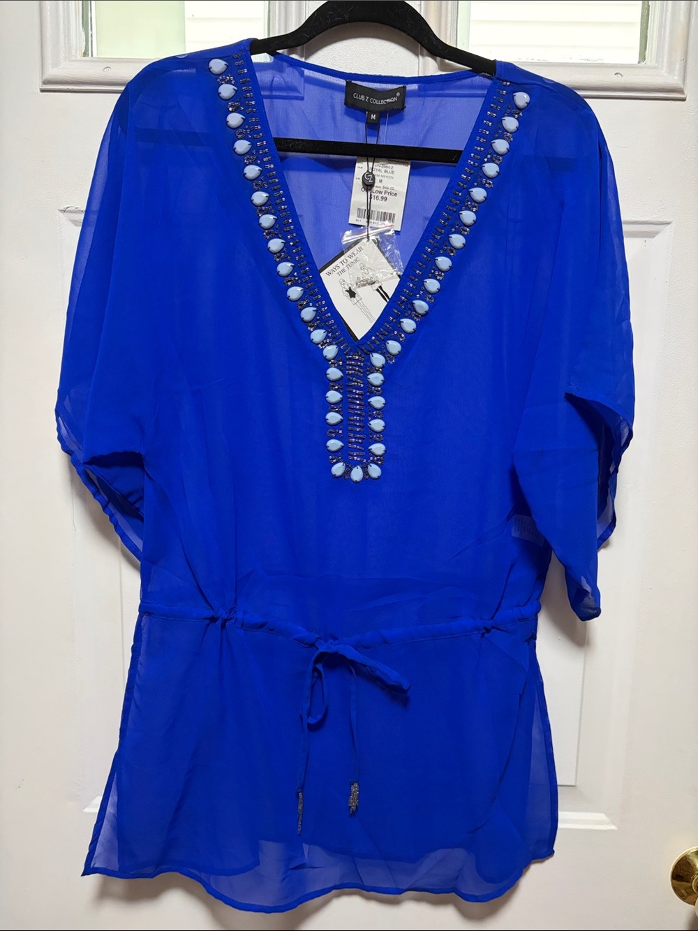 Club Collection Royal Blue Beaded V-Neck Swim Coverup